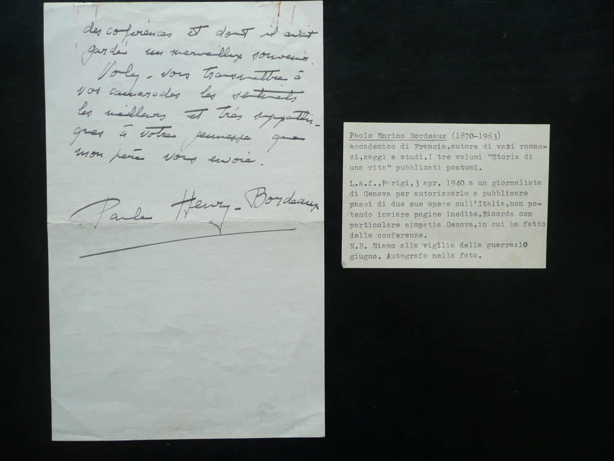 Autografo Paul Henry Bordeaux Lettera Parigi 3/4/940 Genova Accademico Scrittore