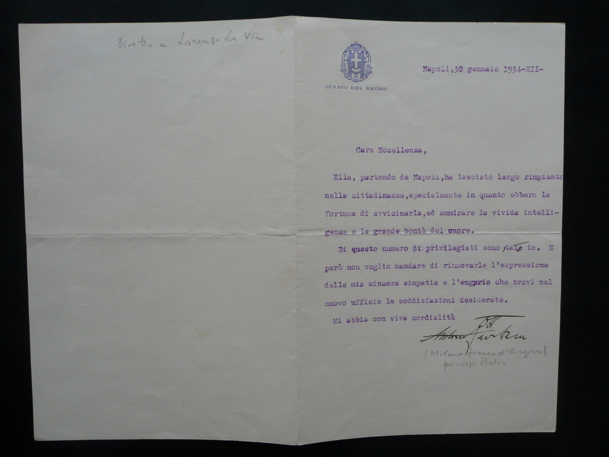 Autografo Principe Pietro Milano Franco di Aragona Lettera Napoli 1934 …