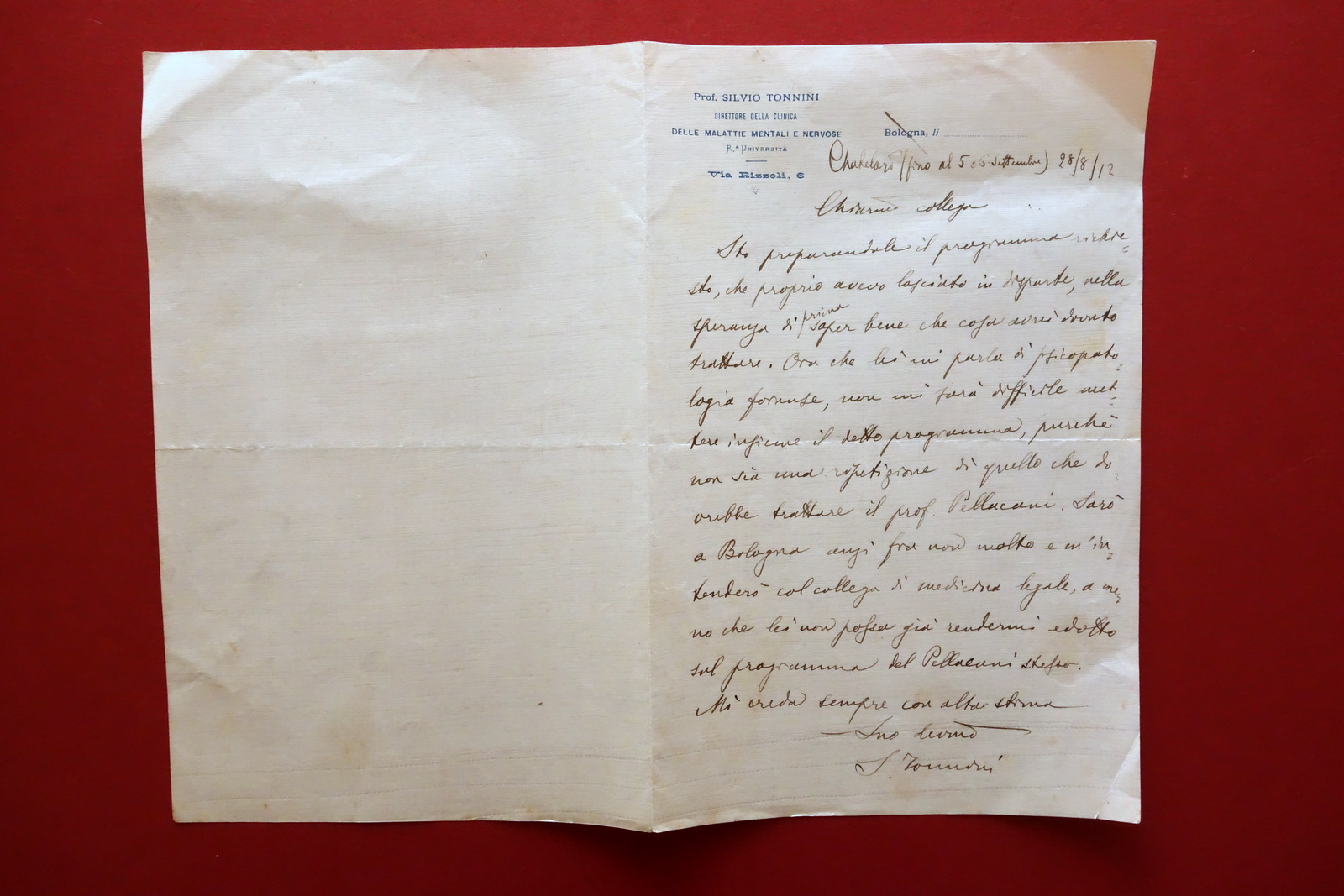 Autografo Silvio Tonnini Lettera Bologna 28/8/1912 Psichiatra Epilessia