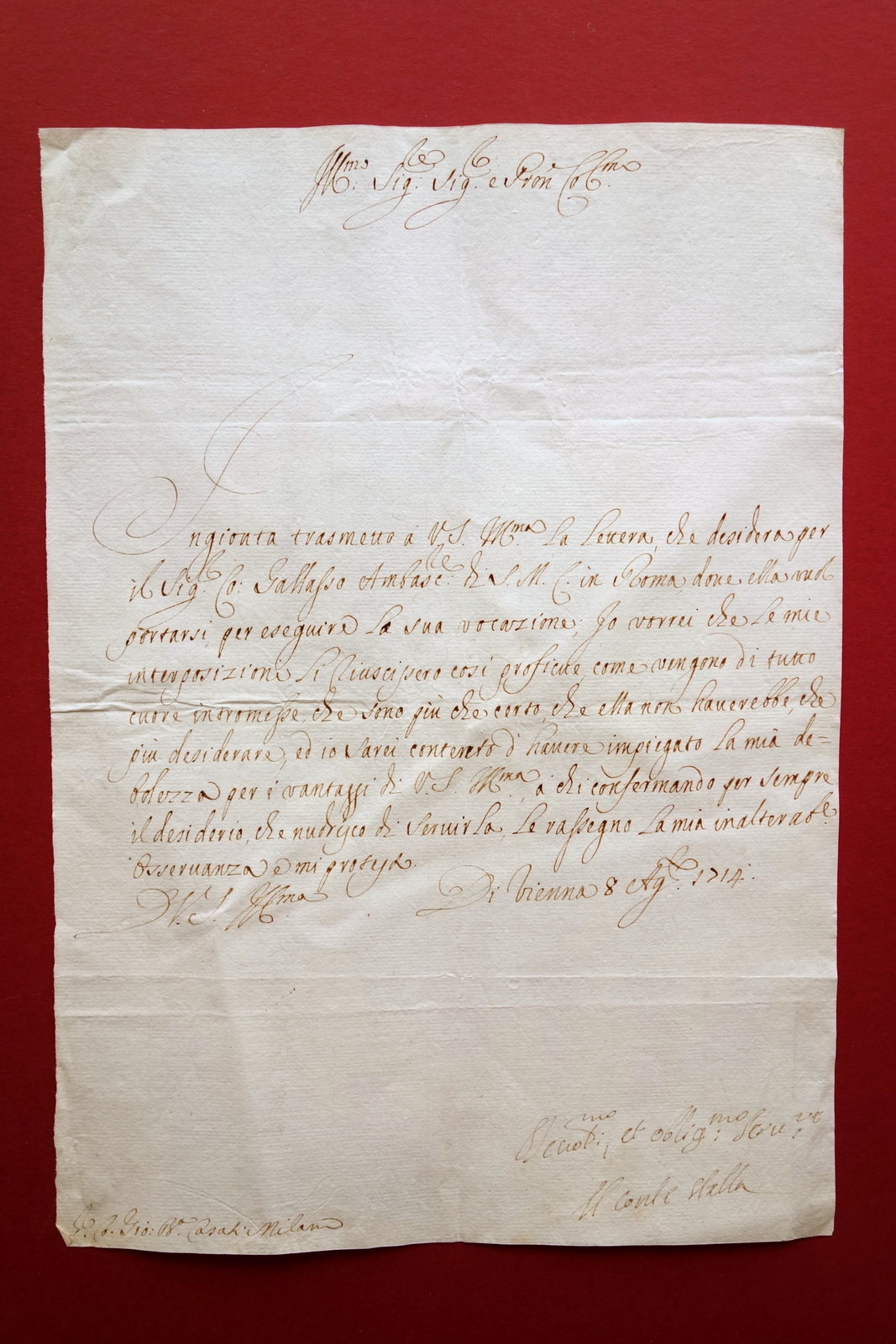 Autografo Stella Rocco Conte Nobile Lettera Vienna 1714 Modugno Militare