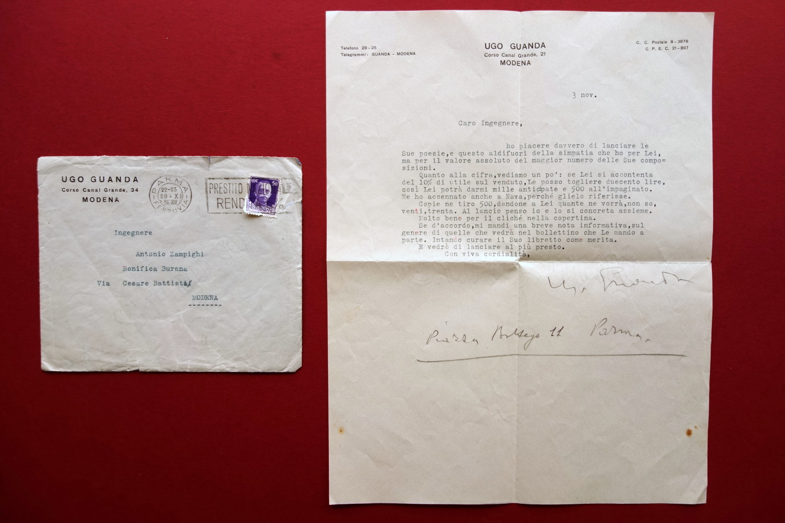 Autografo Ugo Guanda Guandalini Editore Lettera Zampighi Modena 1936 Poesia