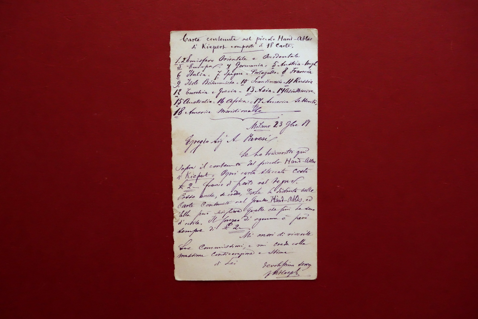 Autografo Ulrico Hoepli Cartolina Hand-Atlas Kiepert Milano 1881 Editore