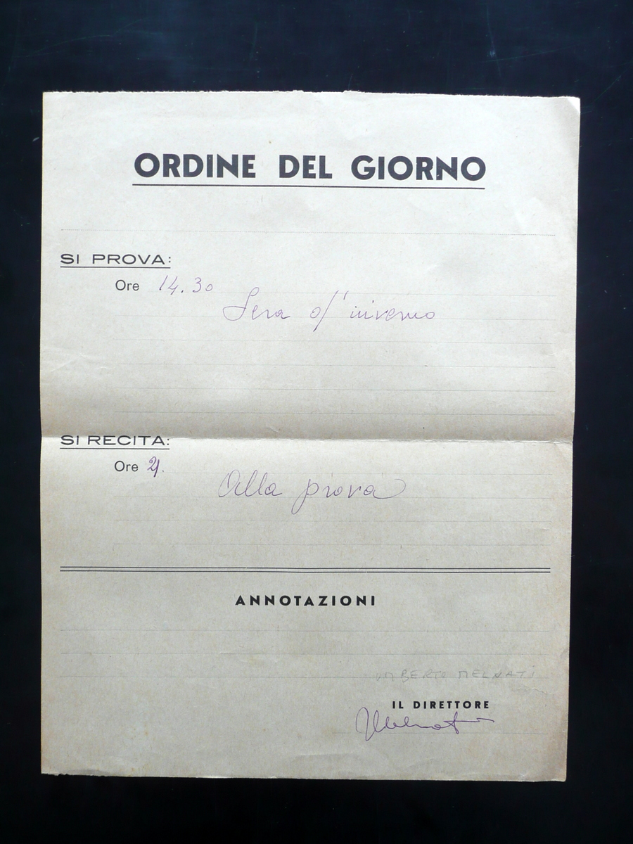 Autografo Umberto Melnati Attore Ordine del Giorno Prova Recita Teatro