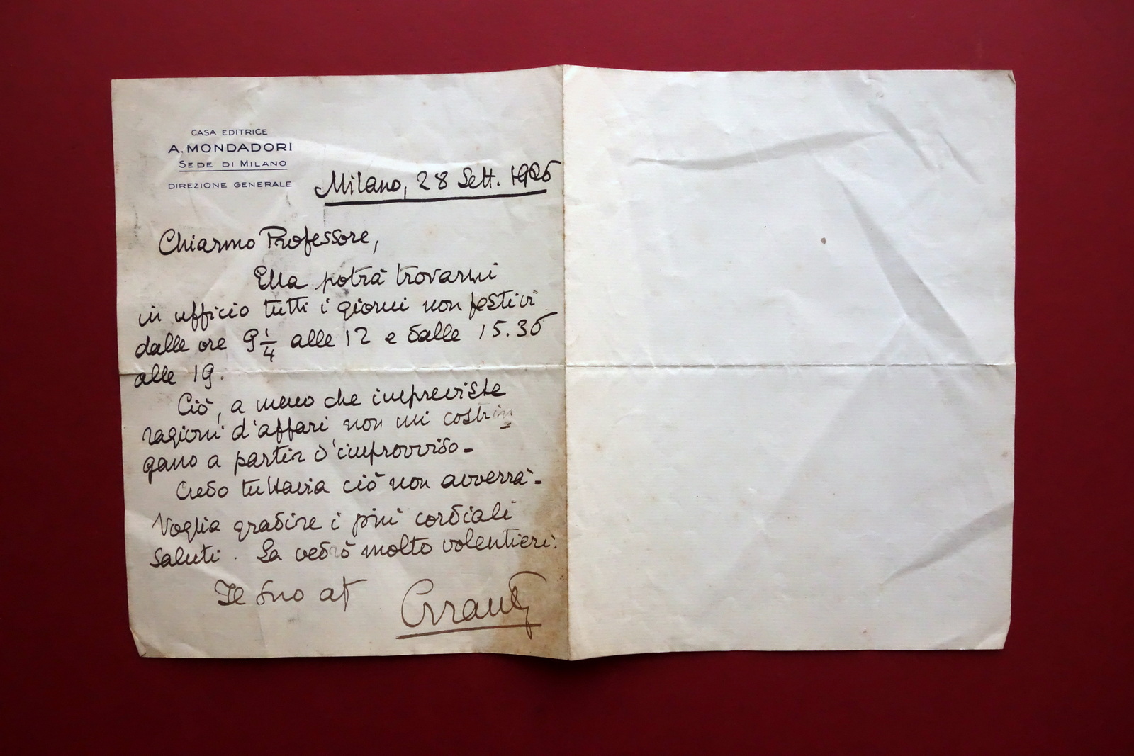 Autografo Vincenzo Errante Lettera Casa Editrice Mondadori Milano 1926