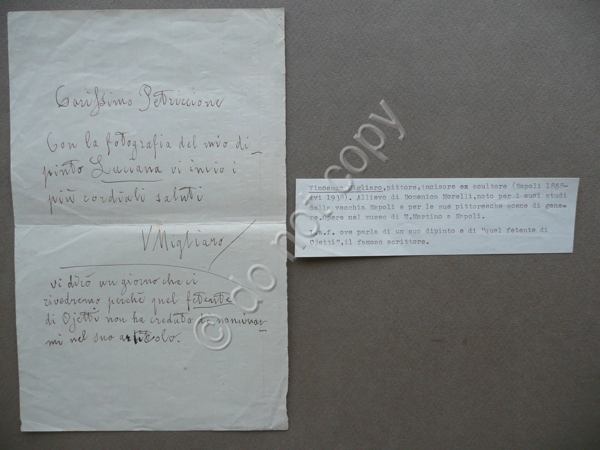 Autografo Vincenzo Migliaro Pittore Scultore Lettera Napoli Petriccione Ojetti