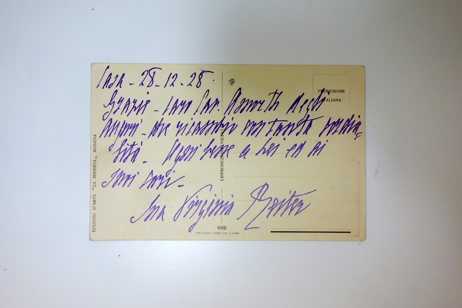 Autografo Virginia Reiter Cartolina 28/12/1928 Ringraziamento Teatro Modena