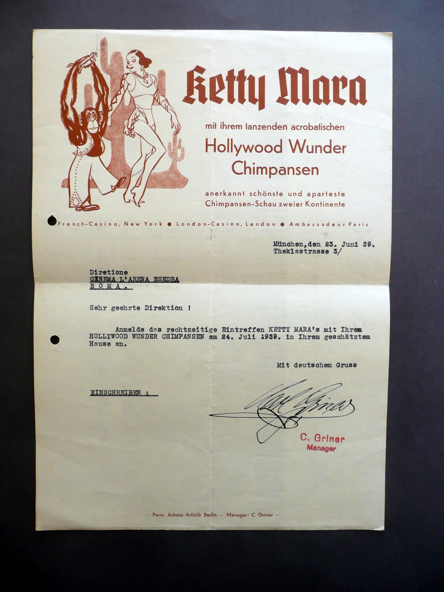 Avanspettacolo Teatro Ketty Mora Hollywood Wunder Chimpansen Lettera 1939 Roma