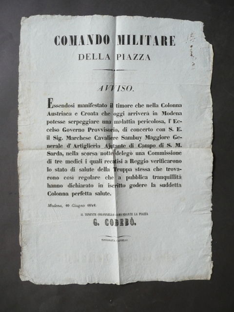 Avviso Comando Militare Colonna Austriaco Croata Malattia Sambuy Modena 1848