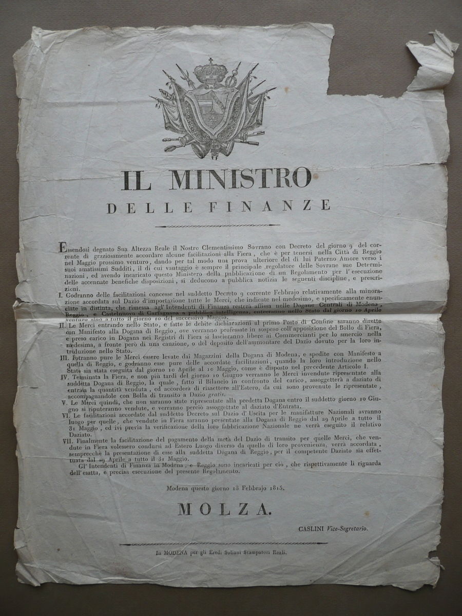 Avviso Fiera Citt‡ di Reggio Emilia Disposizioni Esecuzioni 1815 Soliani …