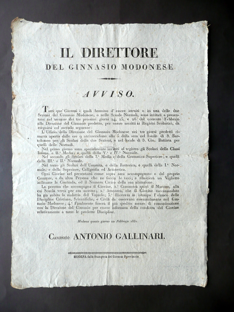 Avviso Ginnasio Modenese Iscrizioni Registri Organizzazione Vaiolo Modena 1831
