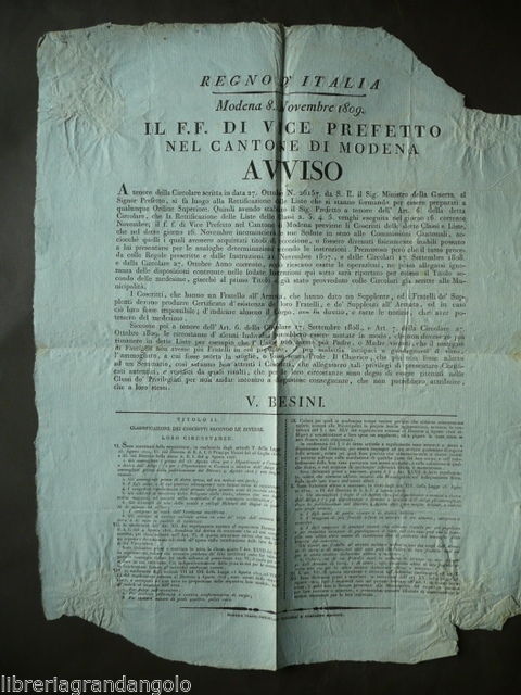 Avviso Grida Napoleonica Regno Italia 1809 Coscritti Armata Militaria Modena