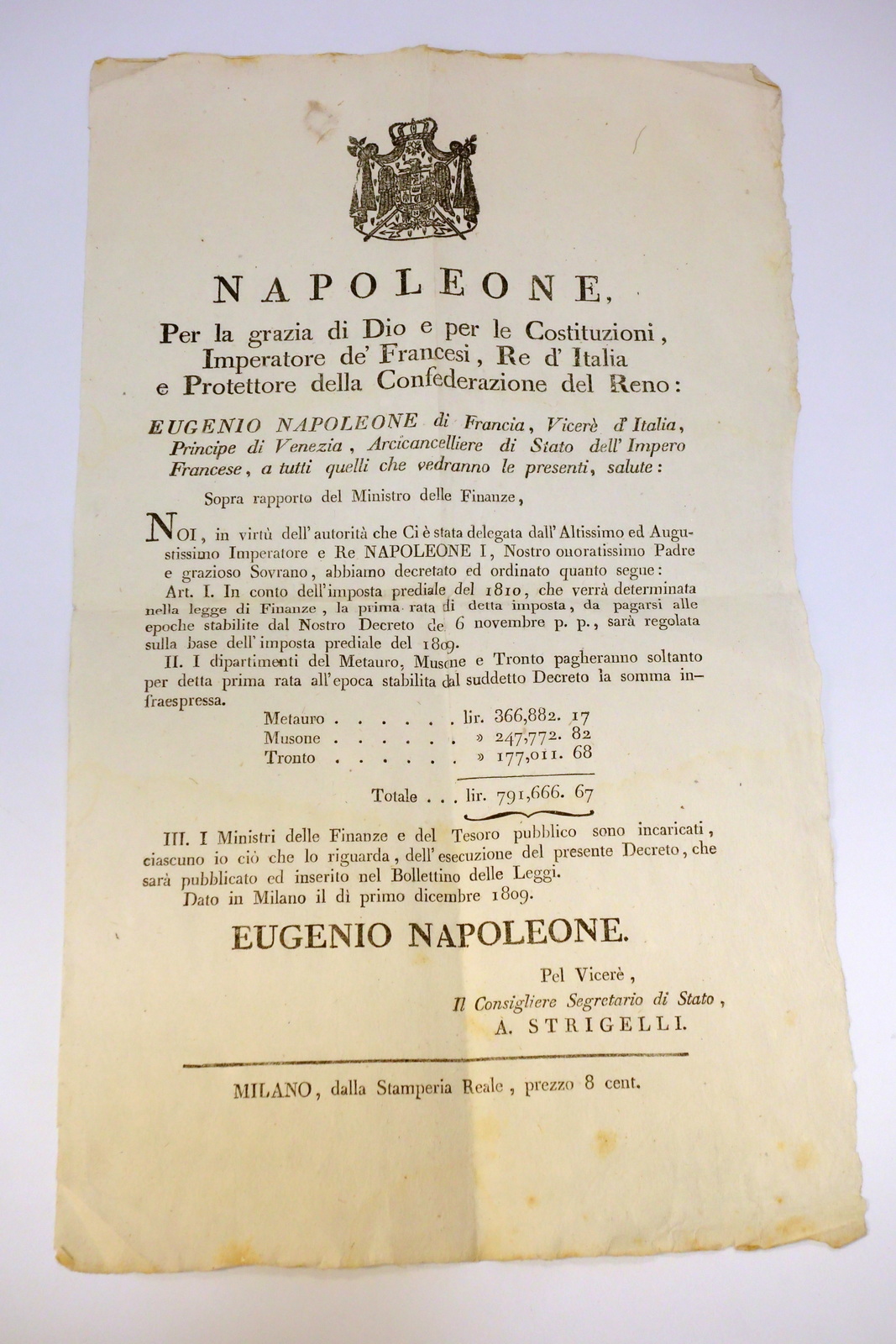 AVVISO NAPOLEONE IMPOSTA PREDIALE DIPARTIMENTO METAURO MUSONE TRONTO 1809