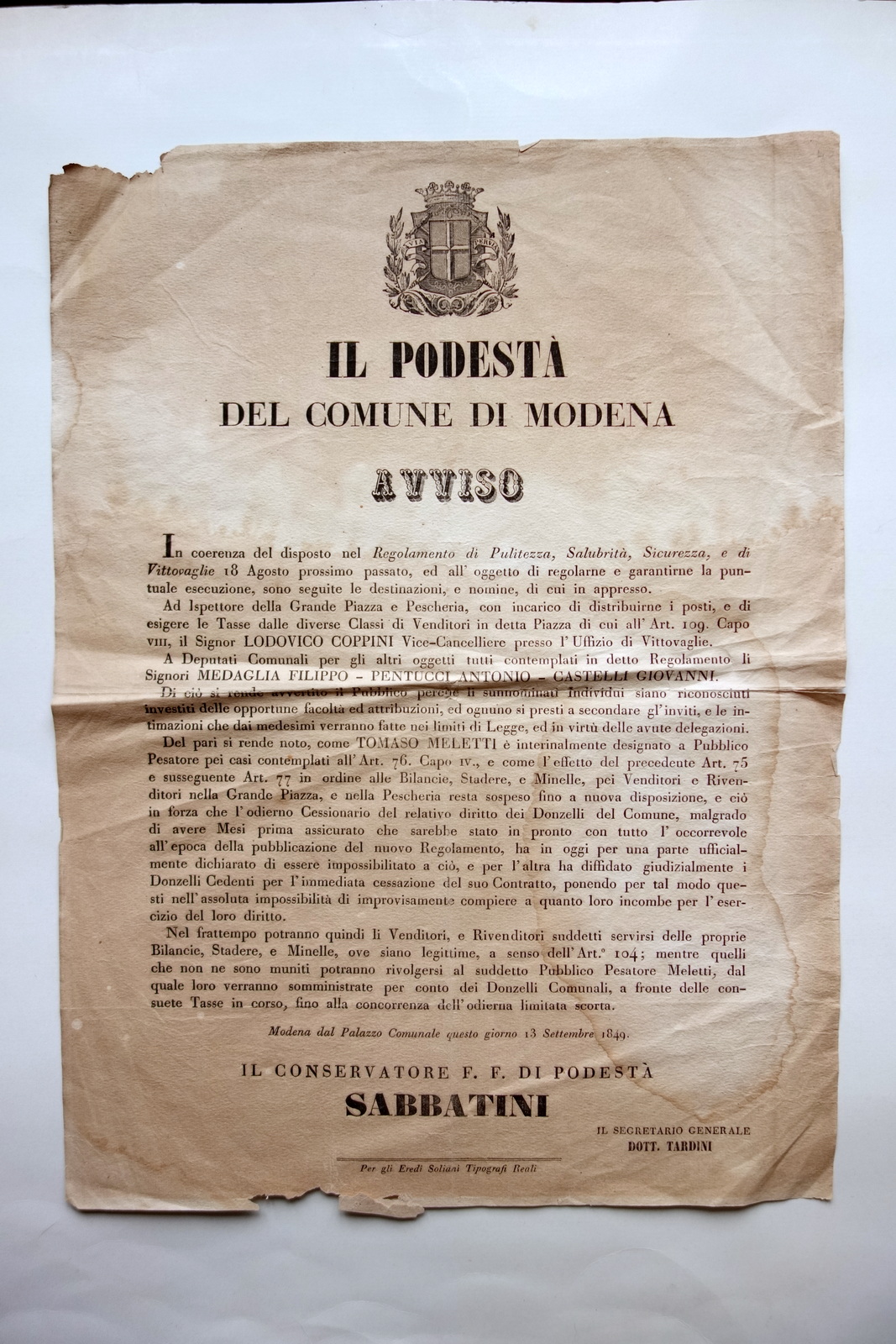 Avviso Podest‡ Comune Modena Tasse Venditori Piazza Grande Pescheria Pesi …