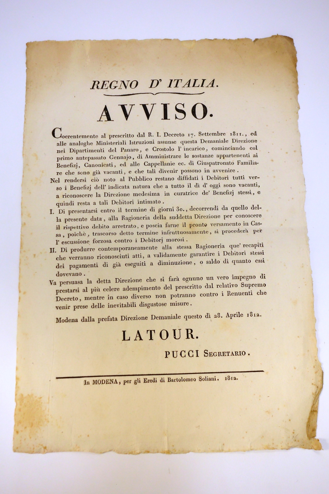 AVVISO REGNO D'ITALIA MODENA DEMANIO BENI BENEFIZI CANONICATI DISPOSIZIONI 1812