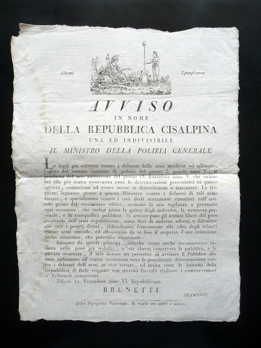 Avviso Repubblica Cisalpina Delazione Armi Insidiose Offensive Mazzacani 1798