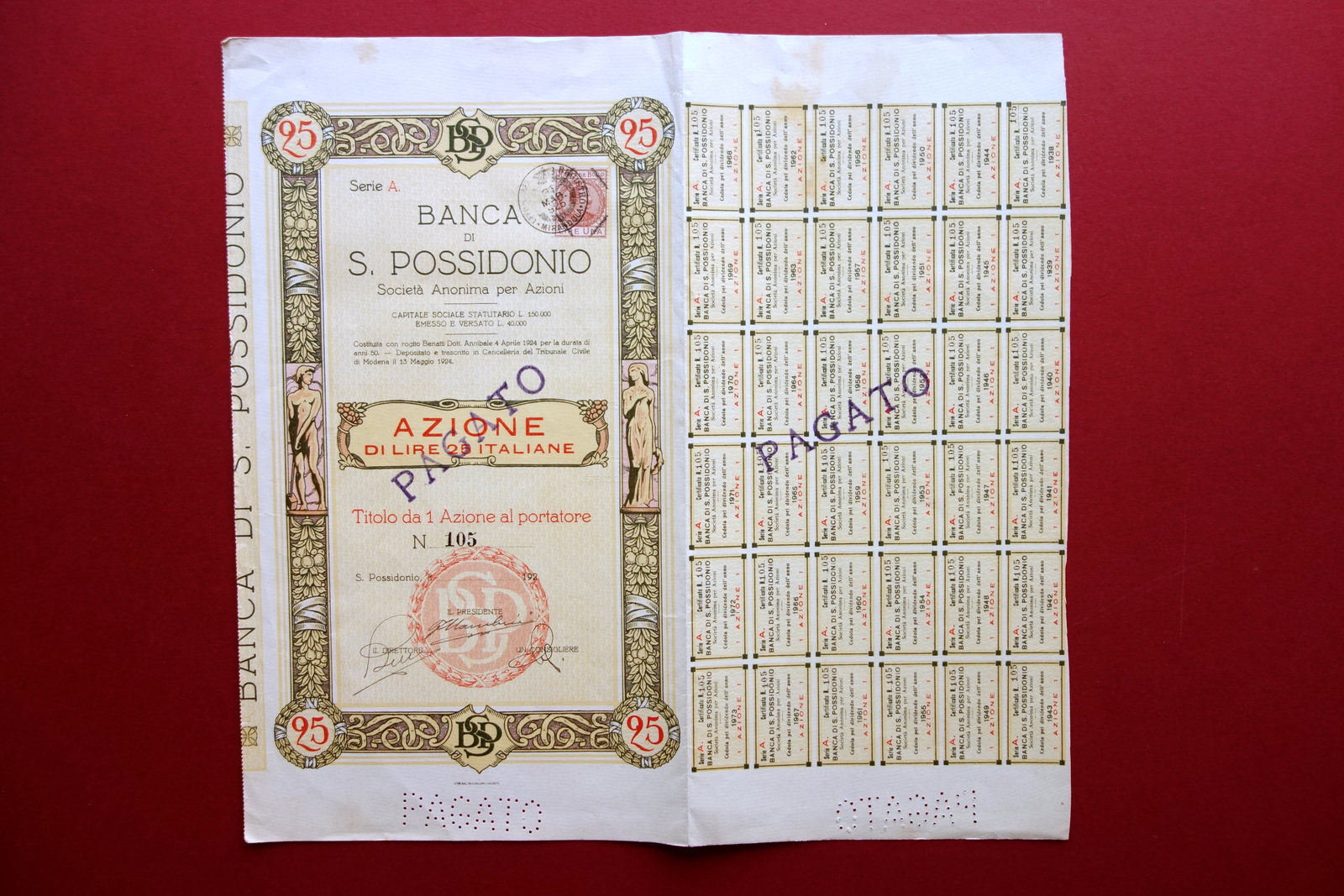 Azione Certificato Azionario Banca di San Possidonio Modena 1925 Rara