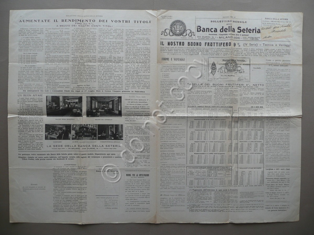 Banca della Seteria Bollettino Mensile Giugno 1928 Milano Via Durini …