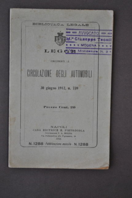 Biblioteca Legale Auto Legge Circolazione Automobili Autoveicoli Napoli 1912