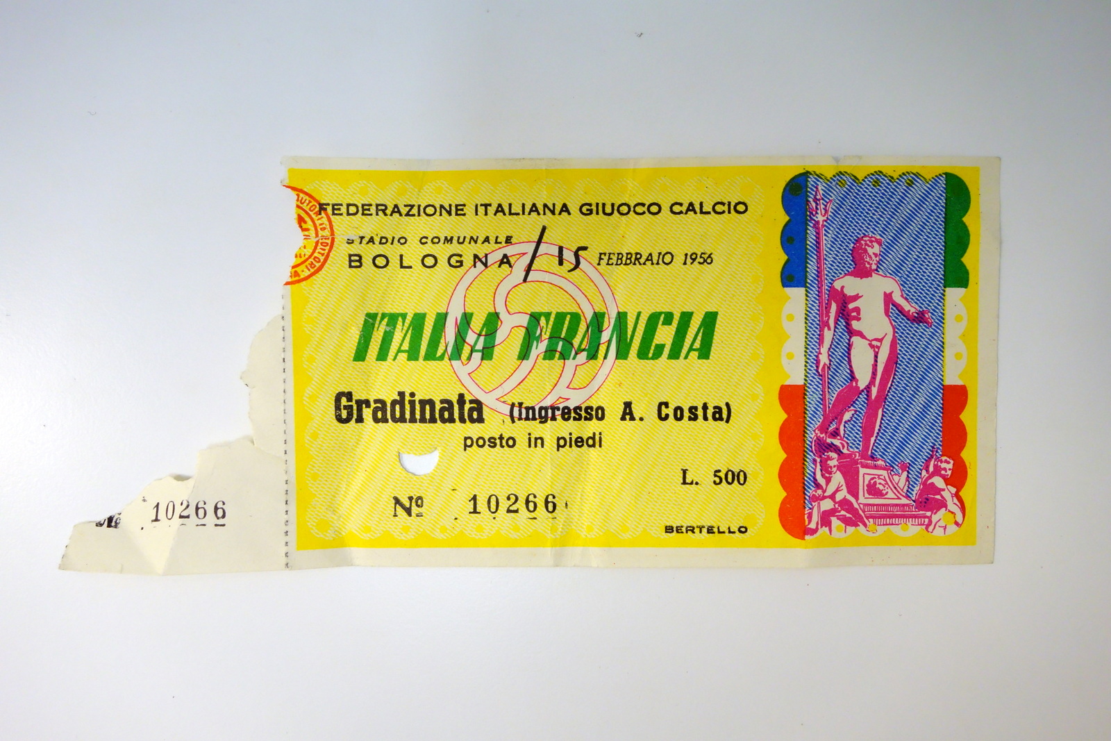 Biglietto Originale Calcio Italia Francia Stadio Comunale Bologna 15/2/1956