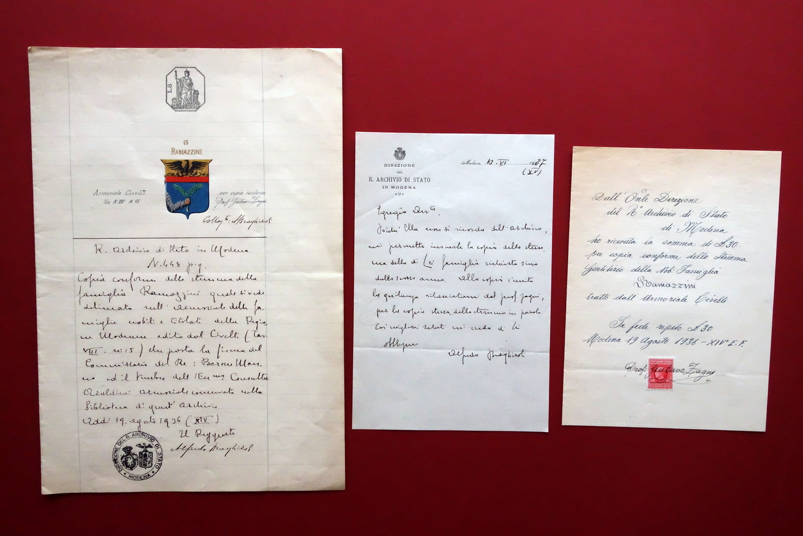 Blasone Stemma Araldico Famiglia Ramazzini Modena Copia Conforme 1936 Araldica