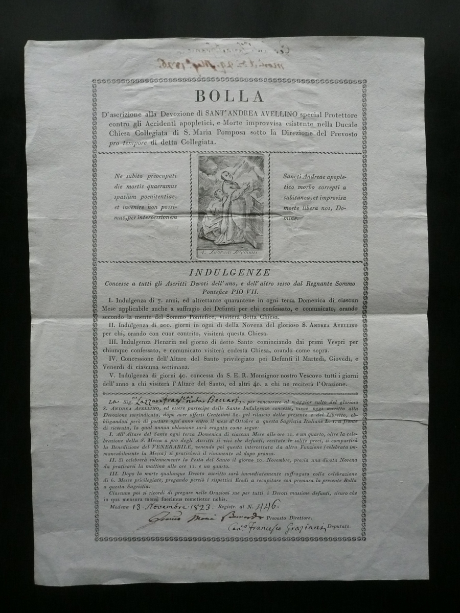 Bolla d'Ascrizione S. Andrea Avellino Indulgenze Protettore Apoplettici 1823