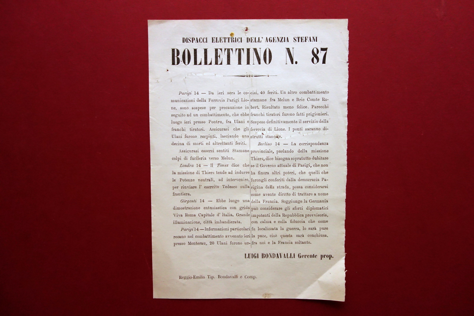 Bollettino Agenzia Stefani N.87 Comune di Parigi Scontri Ulani Thiers …