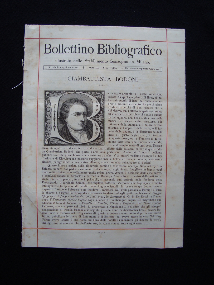 Bollettino bibliografico Sonzogno Milano Anno III N 9 1885 Giambattista …
