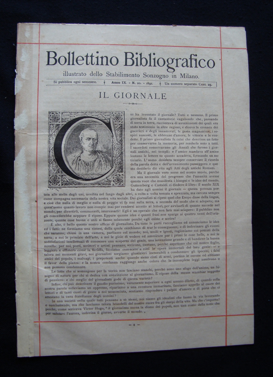 Bollettino bibliografico Sonzogno Milano Anno IX N 20 1891 Il …