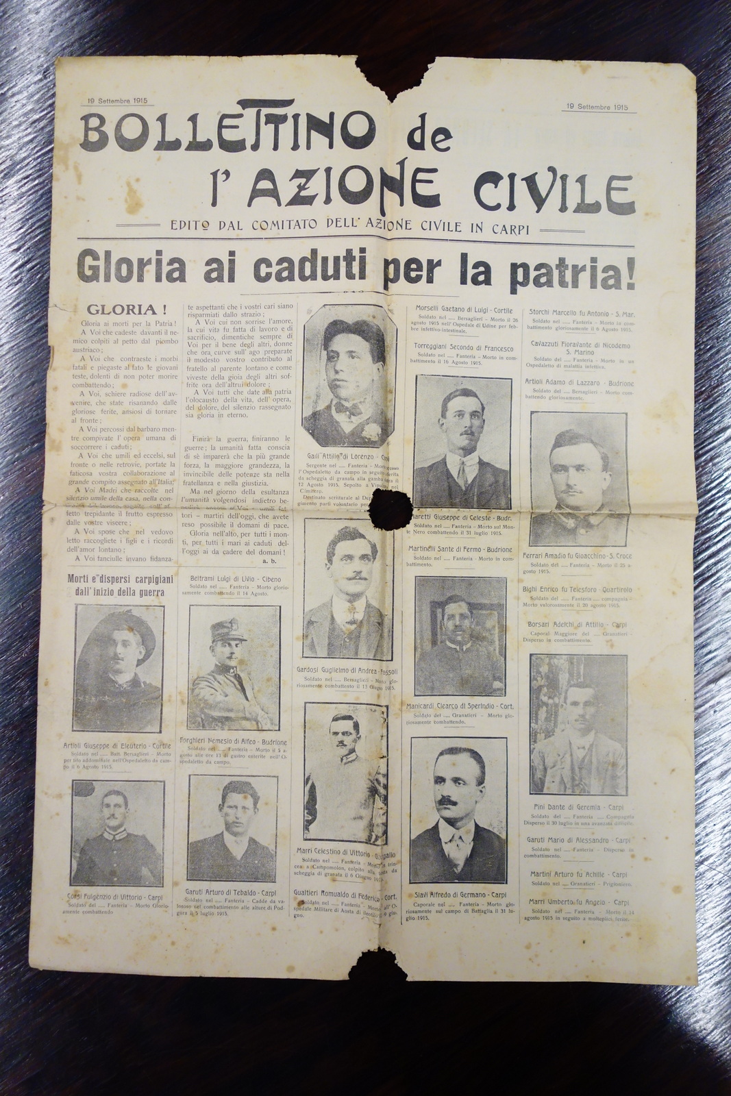 Bollettino de L'Azione Civile Carpi 19/9/1915 caduti prima guerra mondiale …