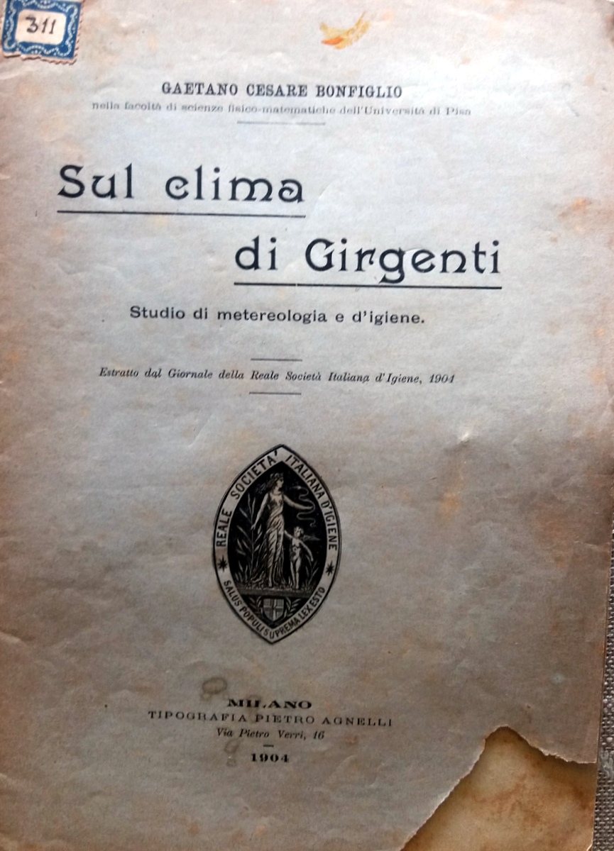 BONFIGLIO SUL CLIMA DI GIRGENTI 1904 METEREOLOGIA IGIENE AGNELLI