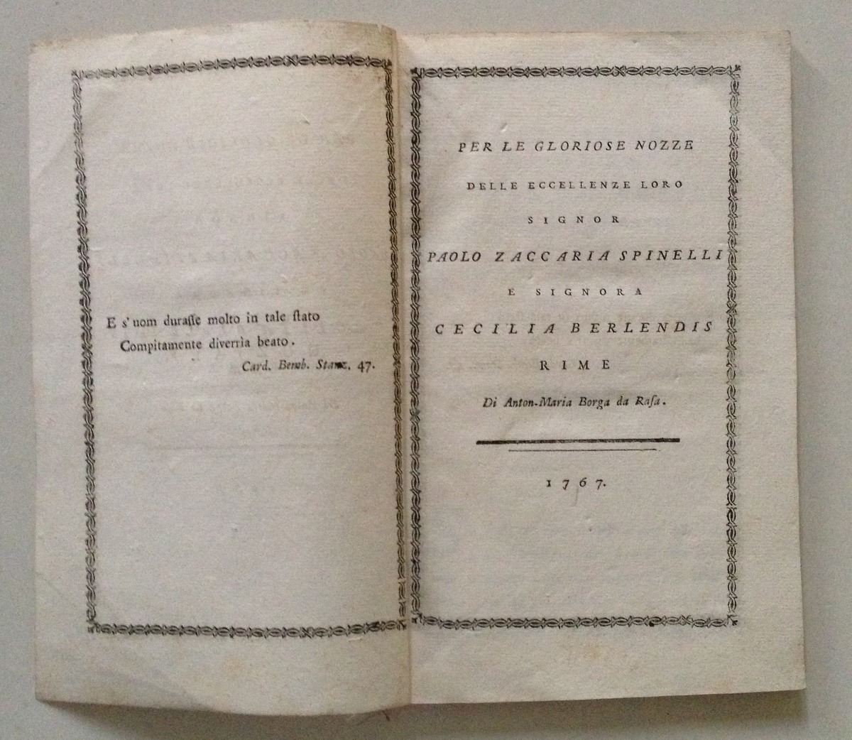Borga da Rafa Nozze Spinelli Berlendis Rime Nuziali 1767 Stamperia …
