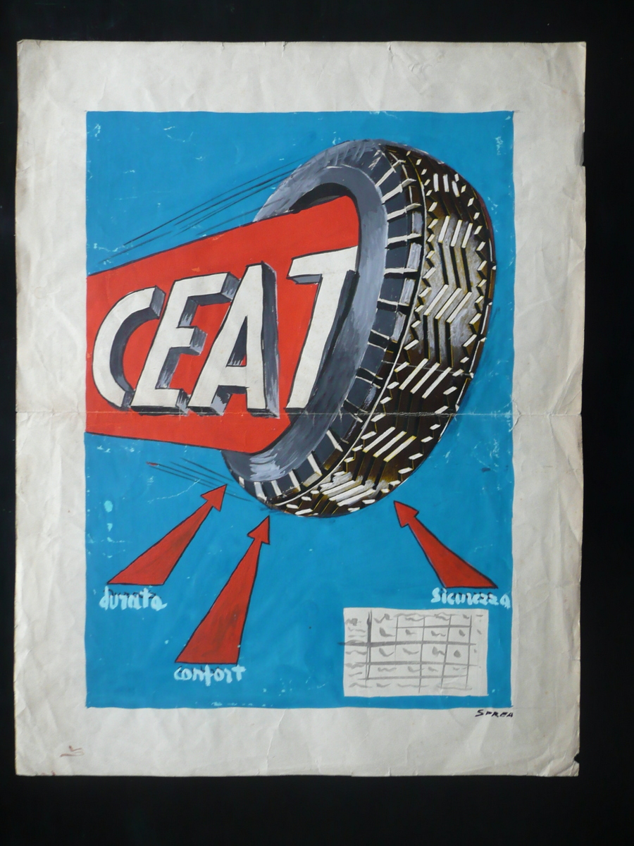 Bozzetto Manifesto Pubblicitario Pneumatici CEAT Tempera Firma Sprea Anni '50