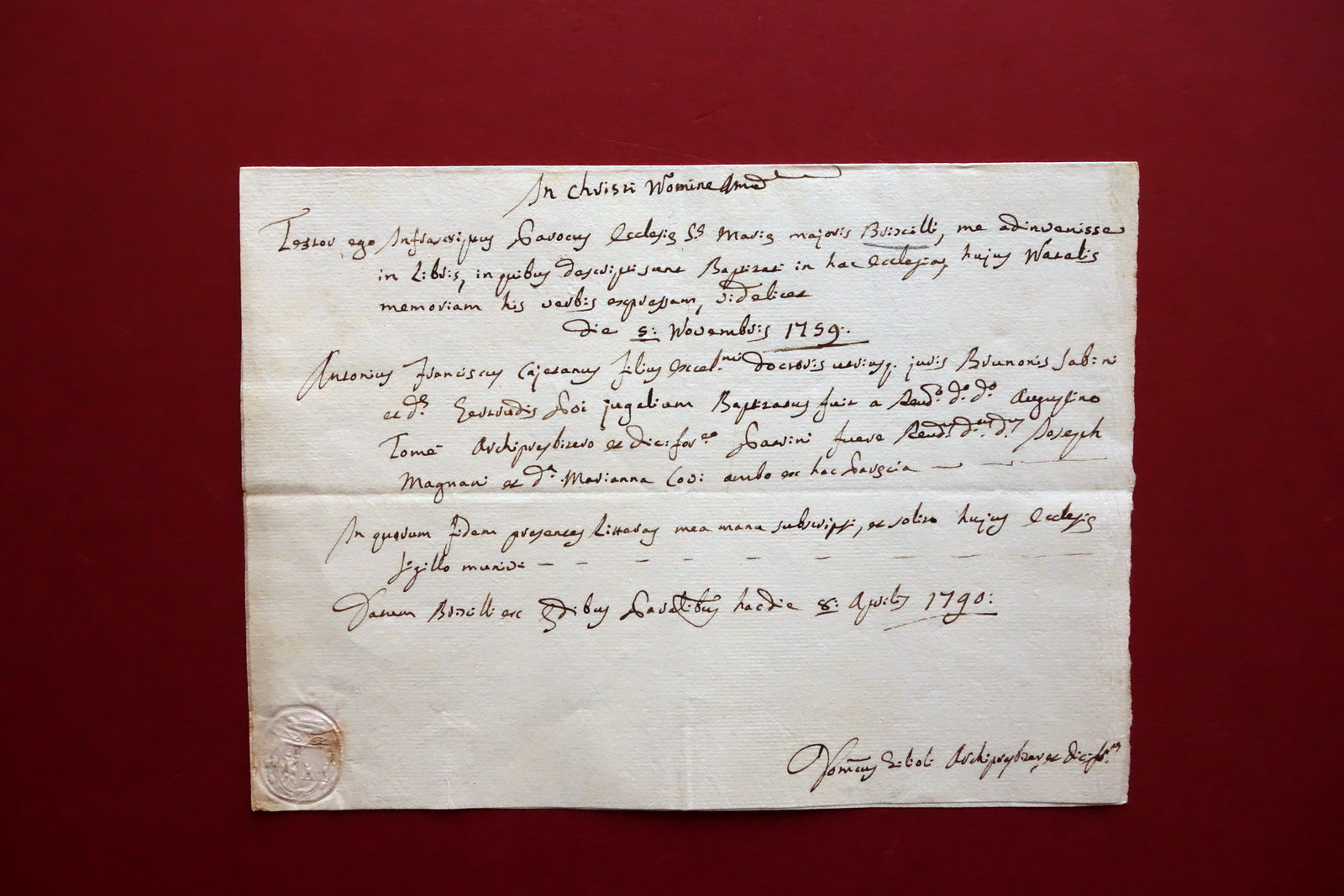 Brescello Certificato di Battesimo 5 Novembre 1759 Piccolo Sigillo