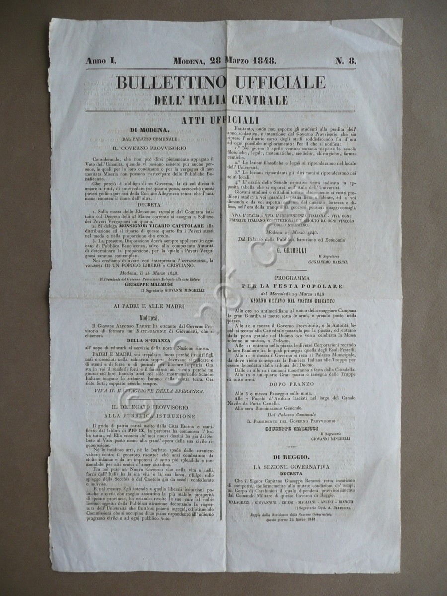 Bullettino Ufficiale dell'Italia Centrale Modena 28/3/1848 Liberazione Brescia