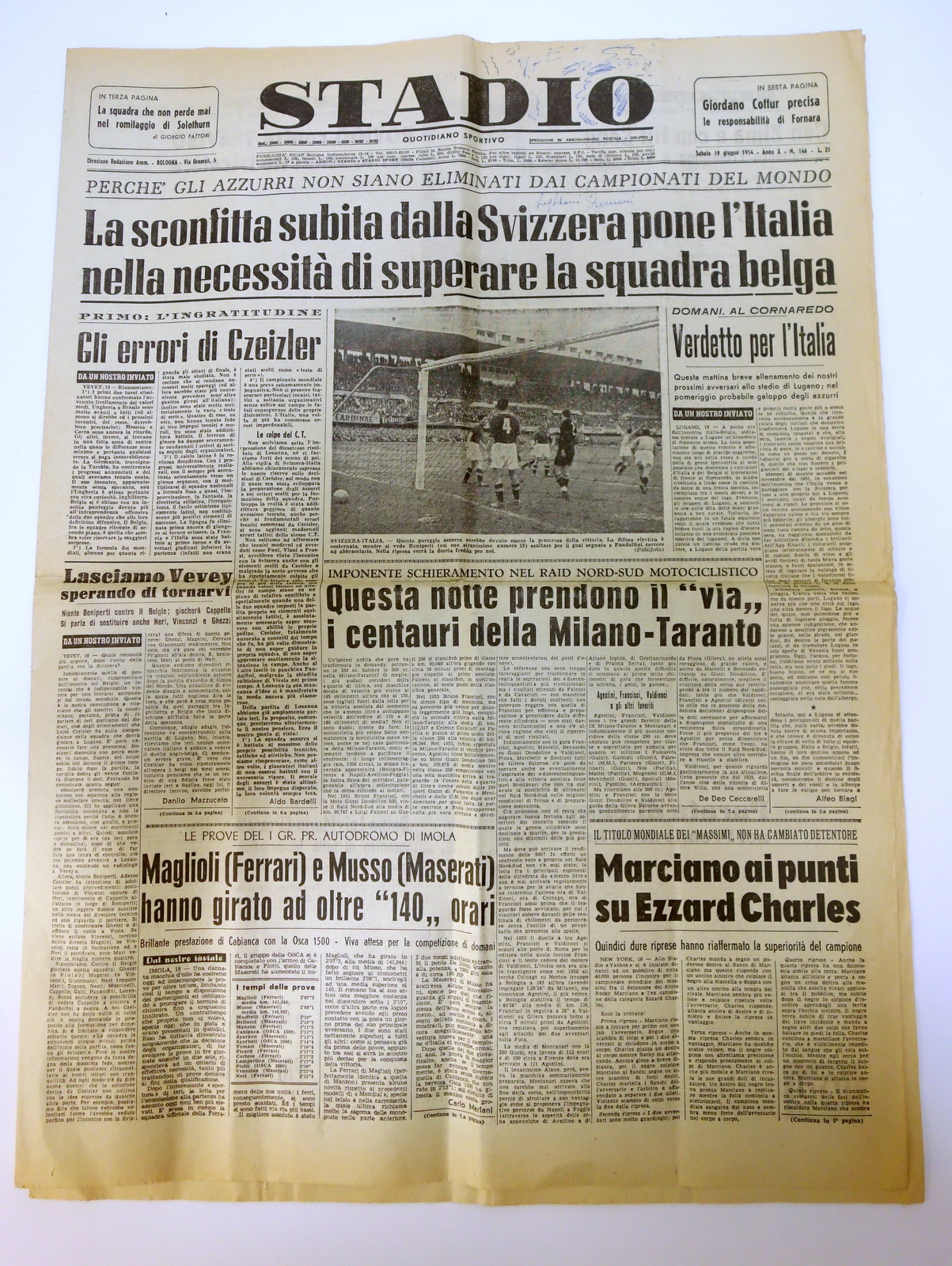 CALCIO ITALIA SVIZZERA F1 DUELLO FERRARI-MASERATI STADIO 19/6/1954 COMPLETO