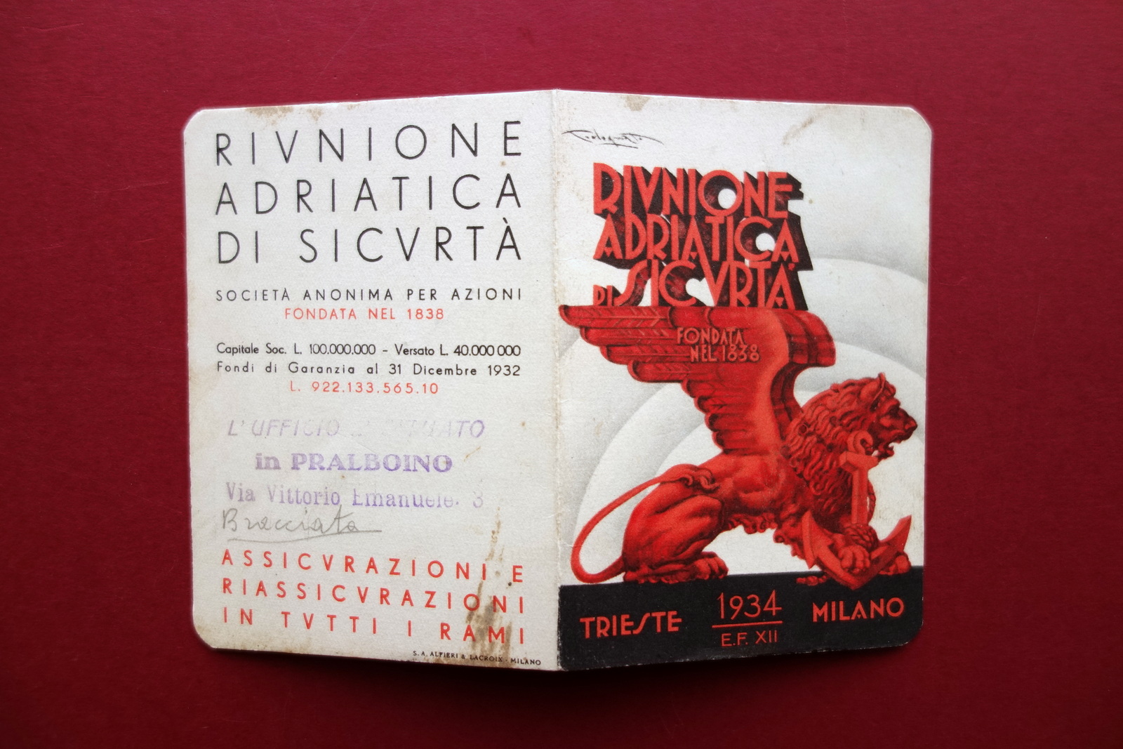 Calendarietto Riunione Adriatica di Sicurt‡ Assicurazioni 1934 Grafica Codognato