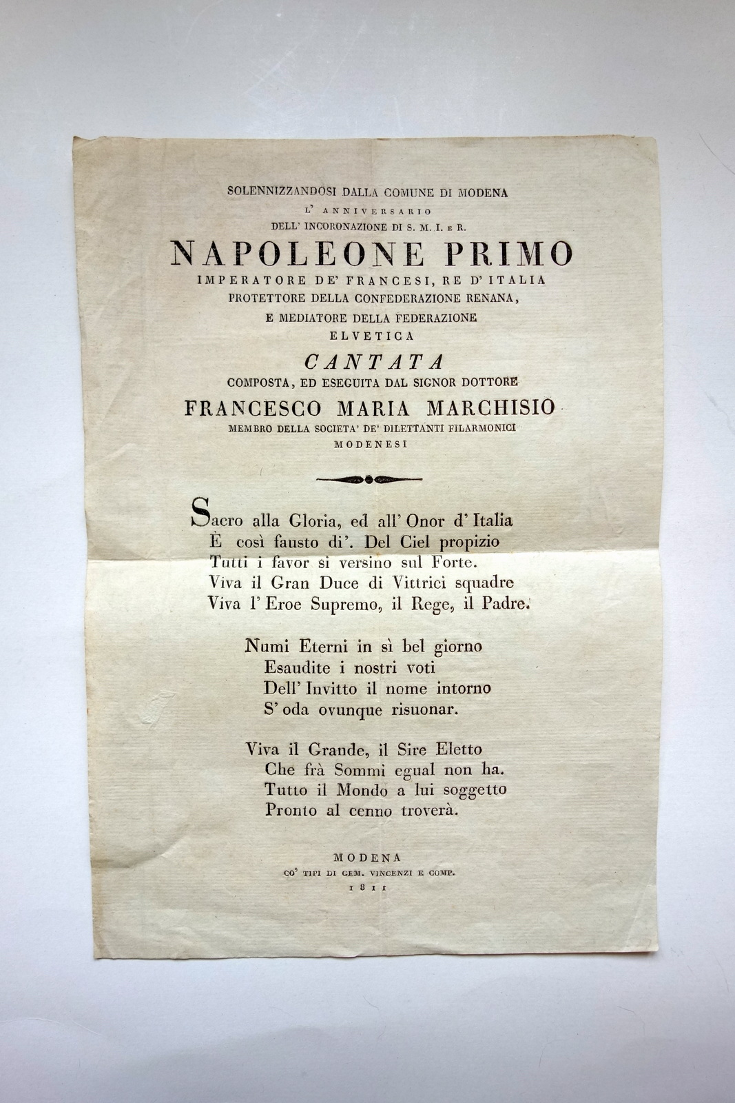 Cantata Anniversario Incoronazione Napoleone I∞ Marchisio Modena 1811 Vincenzi