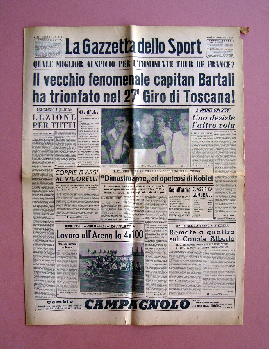 Capitan Bartali 27°Giro Toscana ciclismo La Gazzetta dello Sport 25/6/1953 …