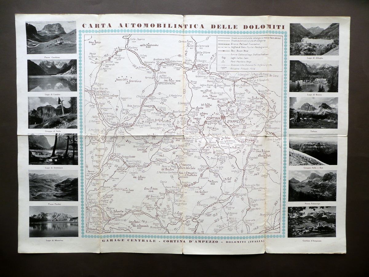 Carta Automobilistica delle Dolomiti Garage Centrale Cortina d'Ampezzo Anni '20