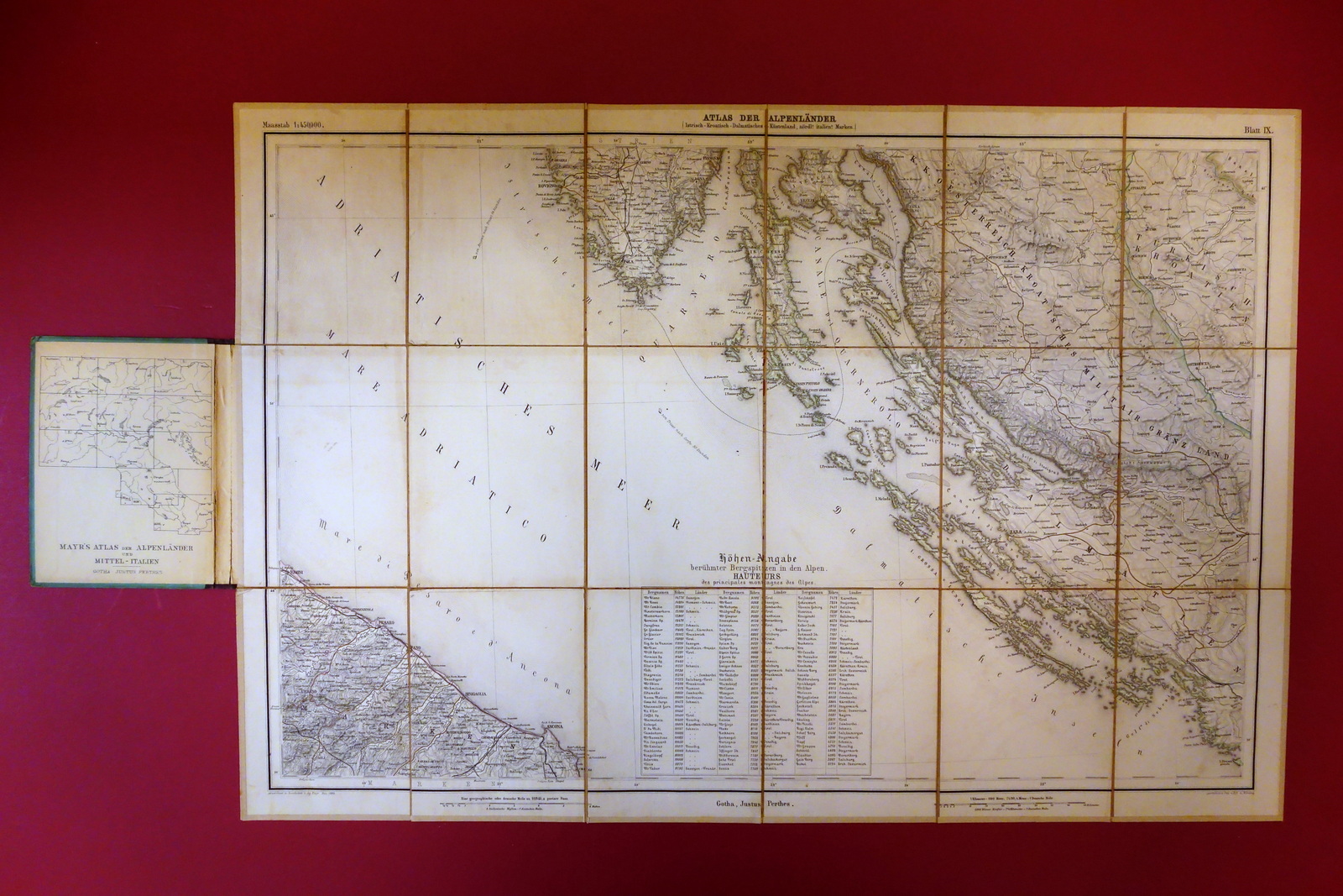 Carta Telata Mayr Atlas Alpenlander und Mittel-Italien Dalmatien Osterreich 1875