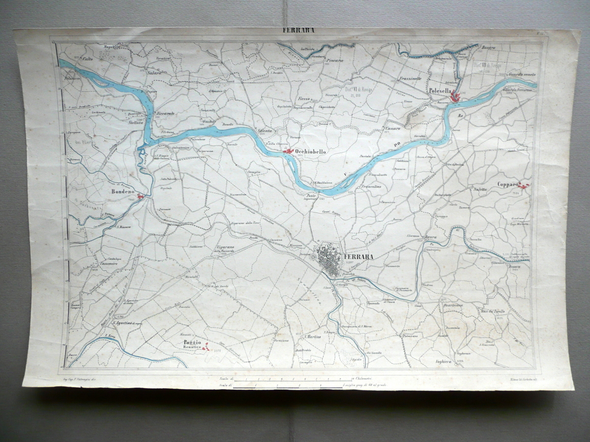 Carta Topografica Ferrara Occhiobello Bondeno Litografia Corbetta Milano 1870-80
