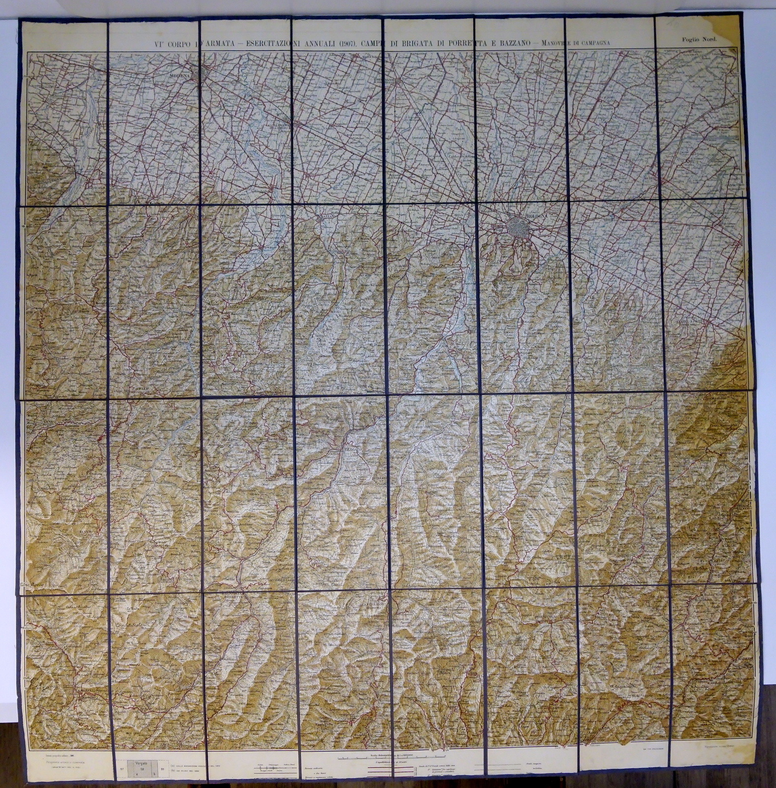 Carta Topografica IGM VI Corpo d'Armata Esercitazioni Porretta Bazzano 1907