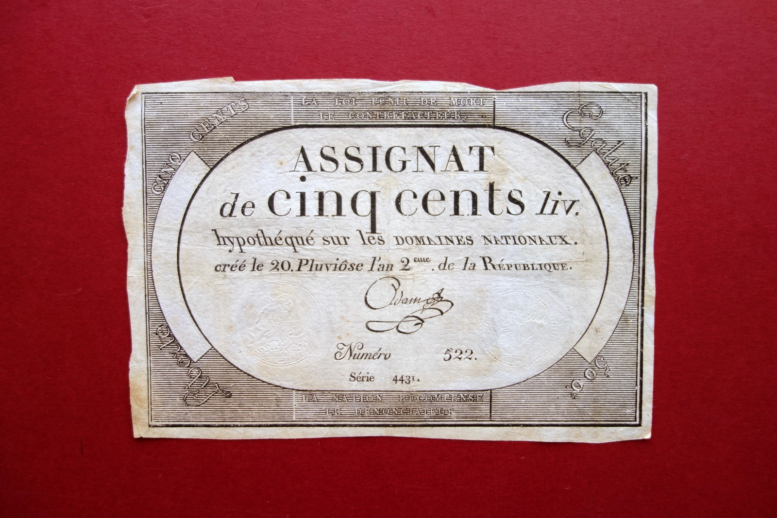 Cartamoneta Repubblica Francese Assignat de Cinq Cent 1794 Originale
