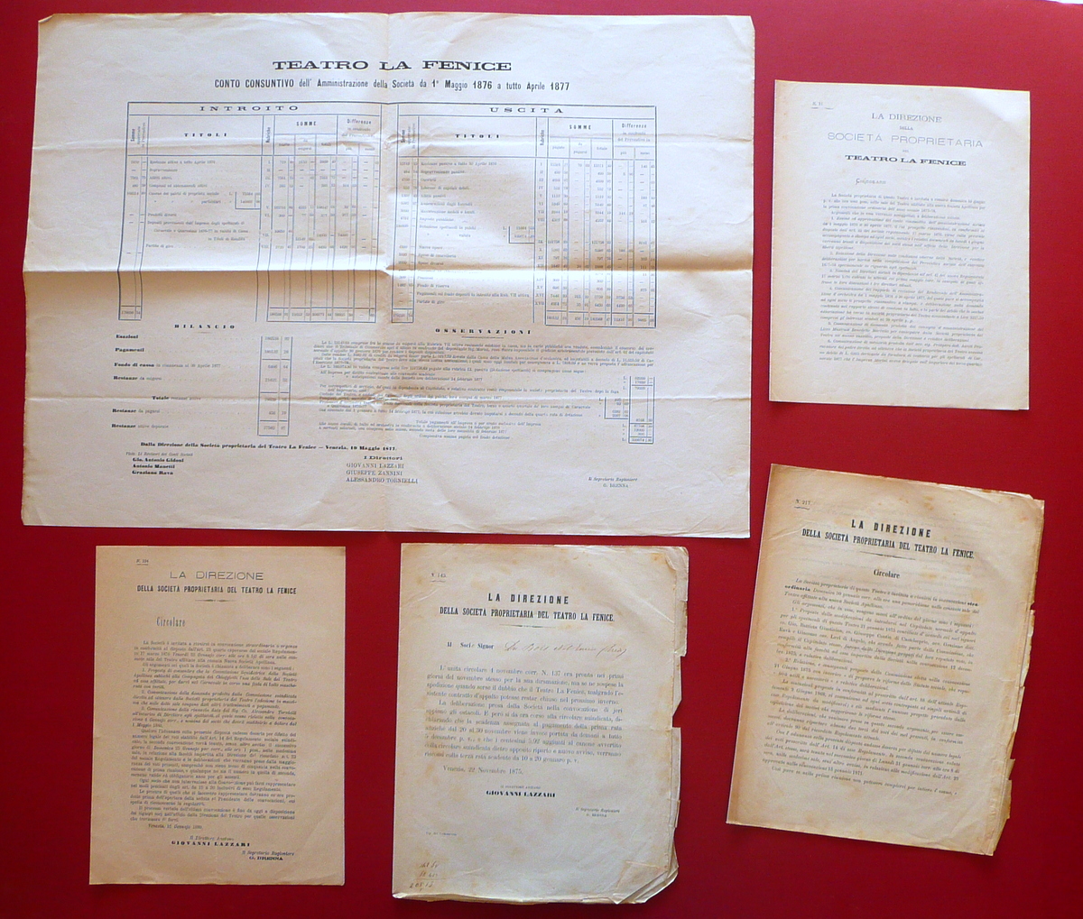 Carteggio Teatro La Fenice Venezia Conto Consuntivo Circolari 1875-1880