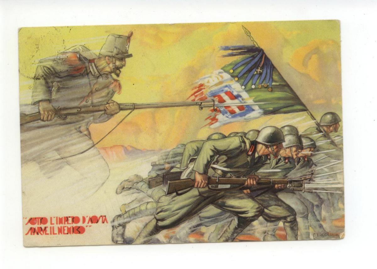 Cartolina 6∞ Reggimento Fanteria Aosta Sotto L'Impeto Sparve viaggiata bella