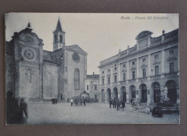 Cartolina Asola Mantova Piazza XX Settembre Chiesa Fontana Animata 1936