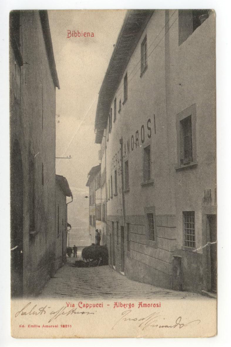 Cartolina Bibbiena Via Cappucci Albergo Amorosi 1906 viaggiata Arezzo