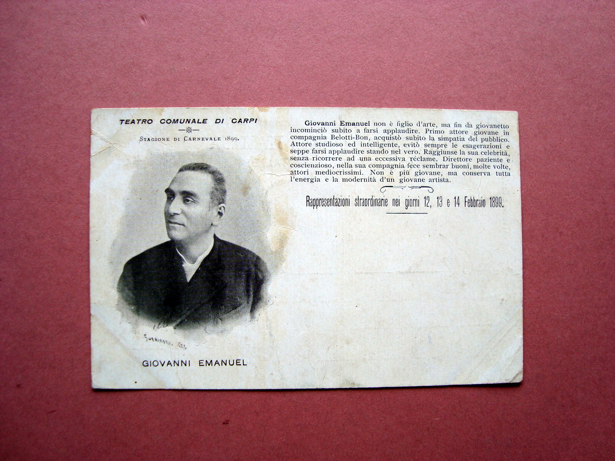 Cartolina Carpi Teatro Comunale Stagione Carnevale 1899 G.Emanuel non viaggiata