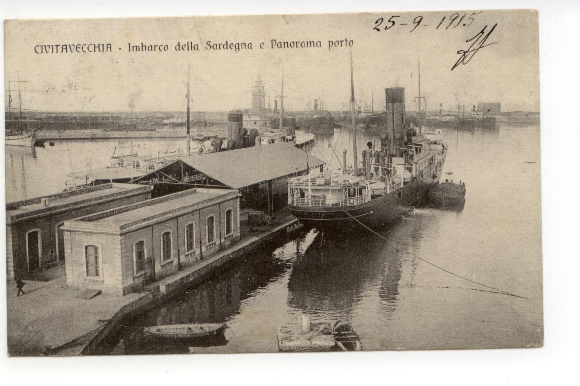 Cartolina Civitavecchia Imbarco della Sardegna e Panorama 1915 viaggiata nave