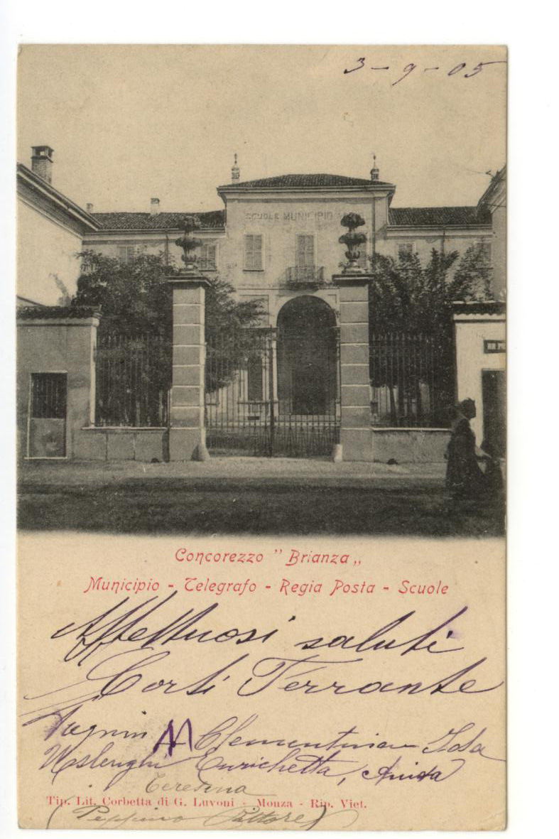 Cartolina Concorezzo Brianza Municipio Telegrafo Regia Posta 1905 viaggiata